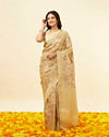 Dark Cream Botanical Print Zari Bordered Saree